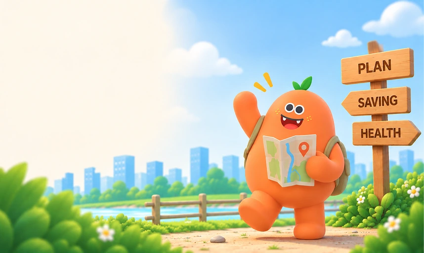 Maskot HANI bersiap merencanakan masa depan, di persimpangan Plan/Saving/Health